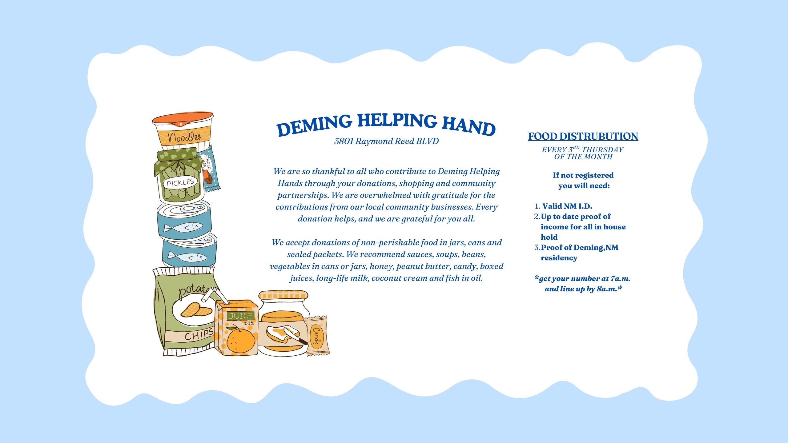 Deming Helping Hand food distribution details and donation guidelines.
