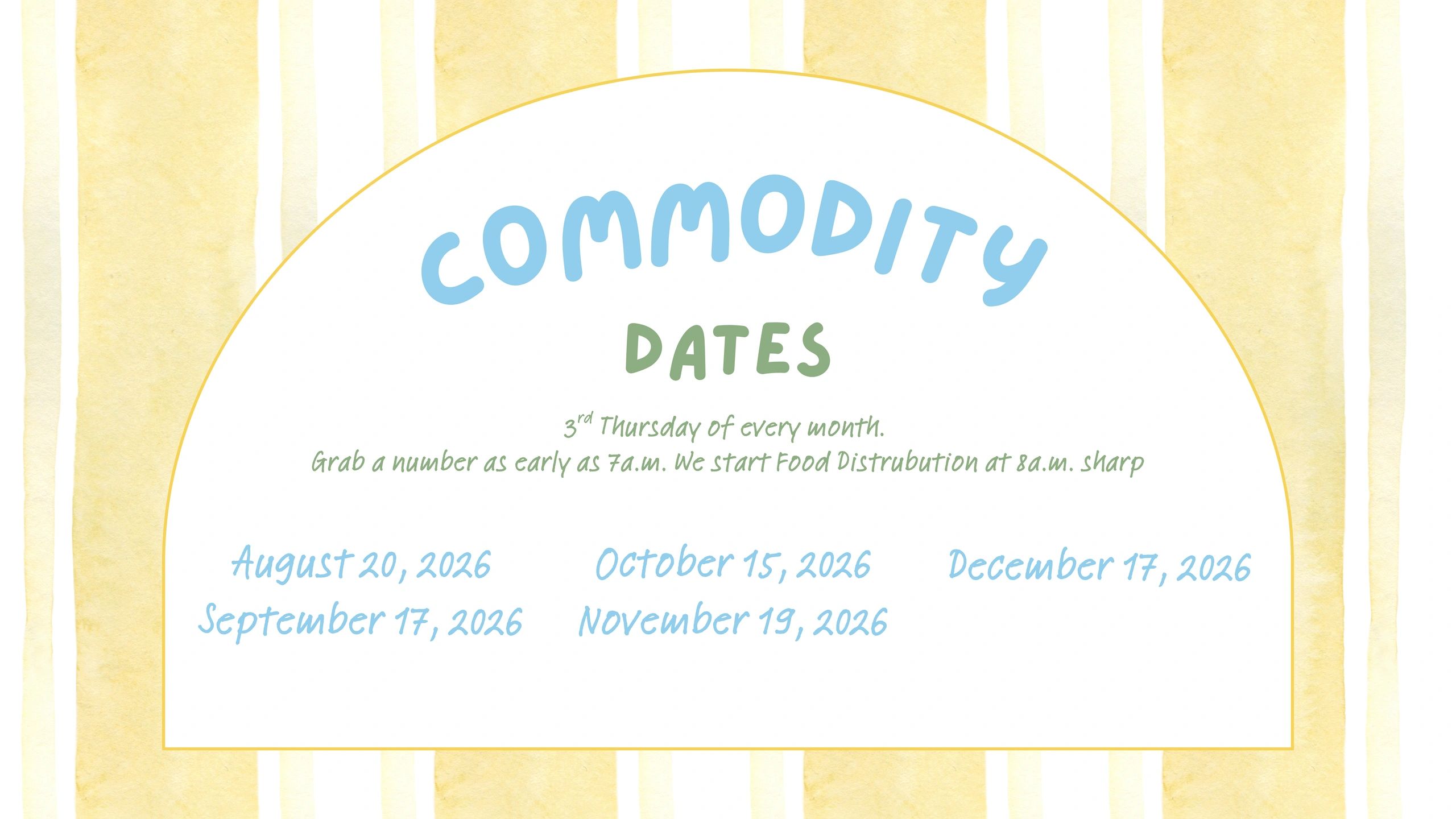 Commodity dates for food distribution in late 2026.