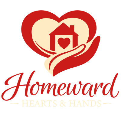 Logo with heart, house, hand, and text 'Homeward Hearts &amp; Hands'.