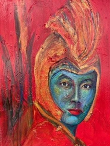 Colorful painting of masked face.