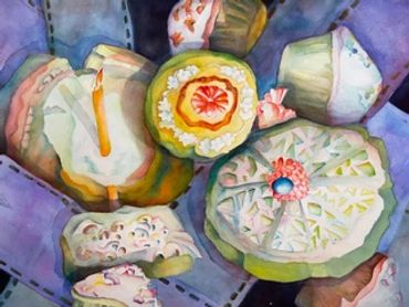Abstract painting of sliced fruits.