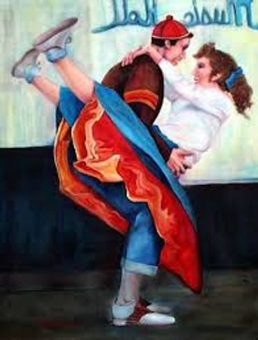 Painting of dynamic dancing couple.