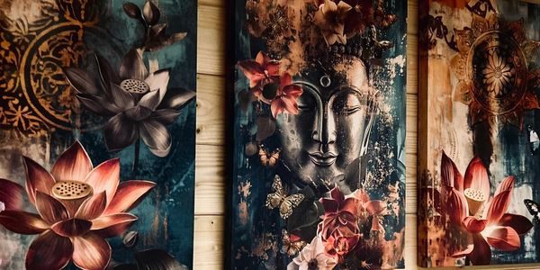 Three artistic panels featuring lotus flowers, butterflies, and a Buddha face on a wooden wall.