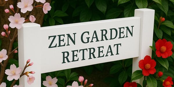 Sign reading 'ZEN GARDEN RETREAT' surrounded by pink and red flowers.