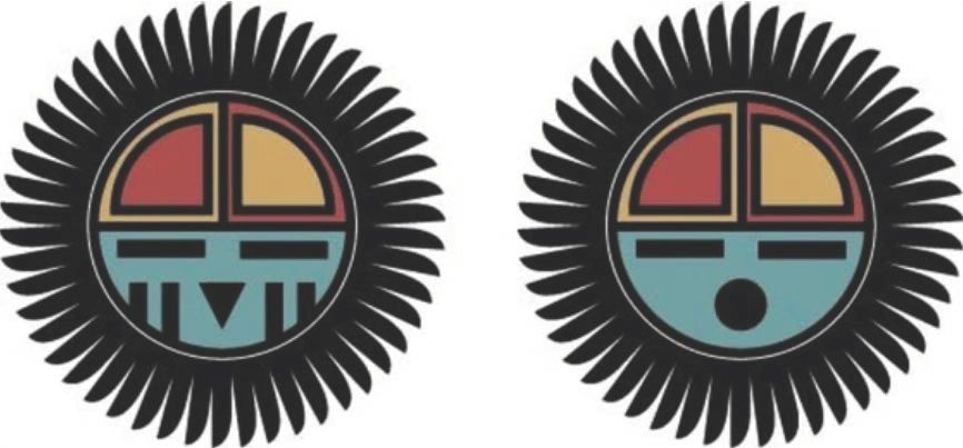 Two stylized circular tribal masks with black radiating borders and colorful geometric patterns.