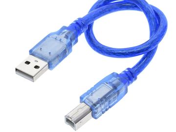 Blue USB cable with Type-A and Type-B connectors.