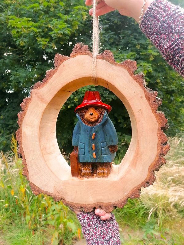 Paddington Bear Intricate Wooden Tree Carving In Log Wreath