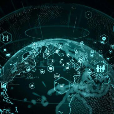 Digital globe with futuristic data icons representing global connectivity and technology.