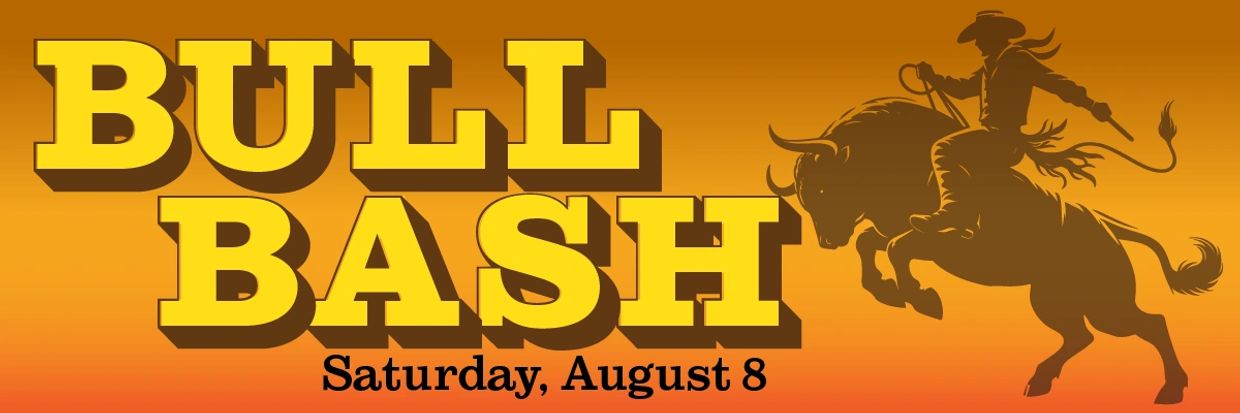 Bull Bash event on Saturday, August 8 with a cowboy riding a bull.