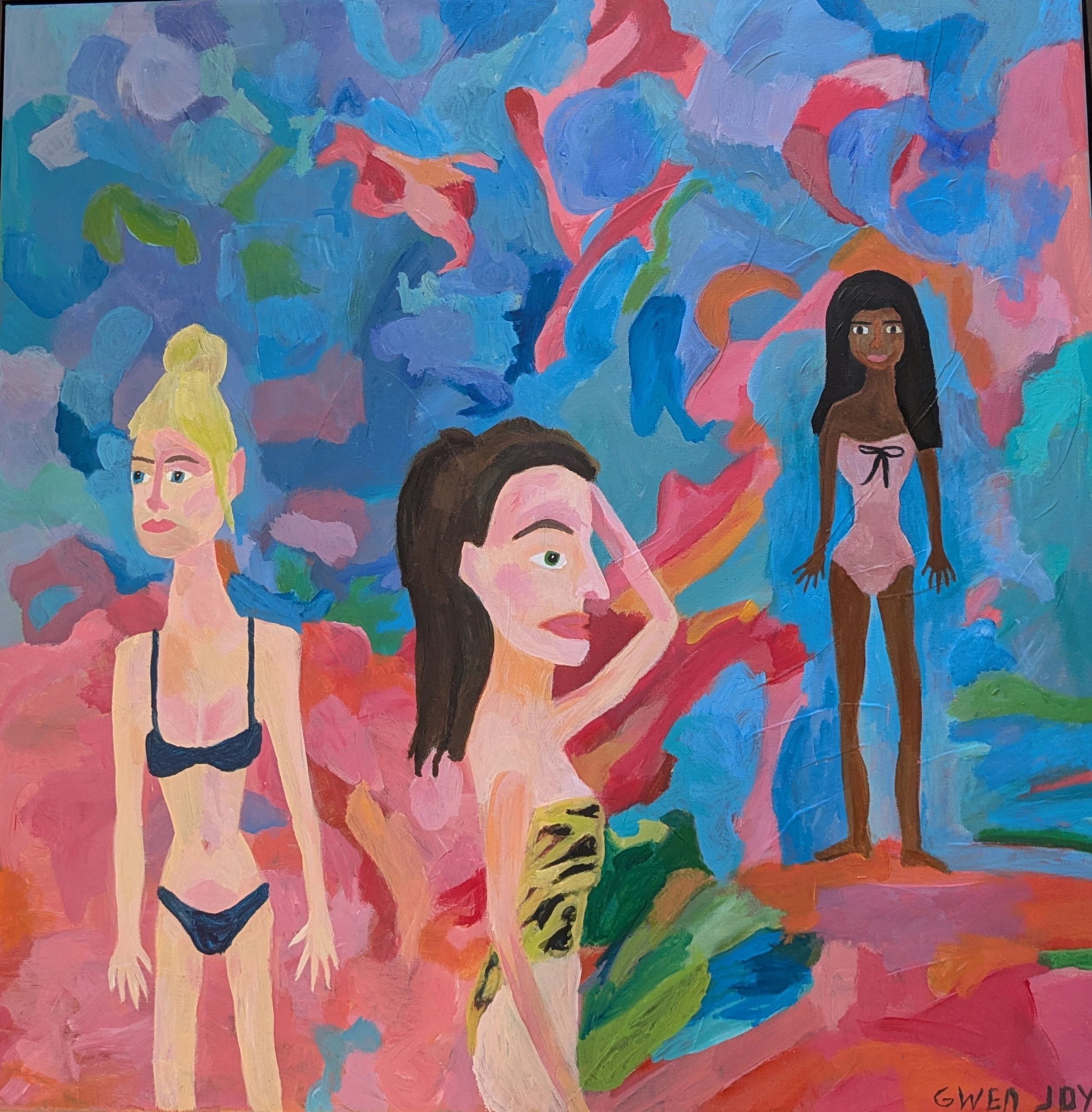 "Three Women at Cocoa Beach" is acrylic on canvas and is 35 by 35 and has black frame. $650.