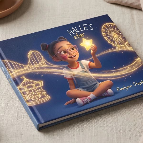 A girl holding a glowing star on the cover of a children's book titled "Halle's Star."