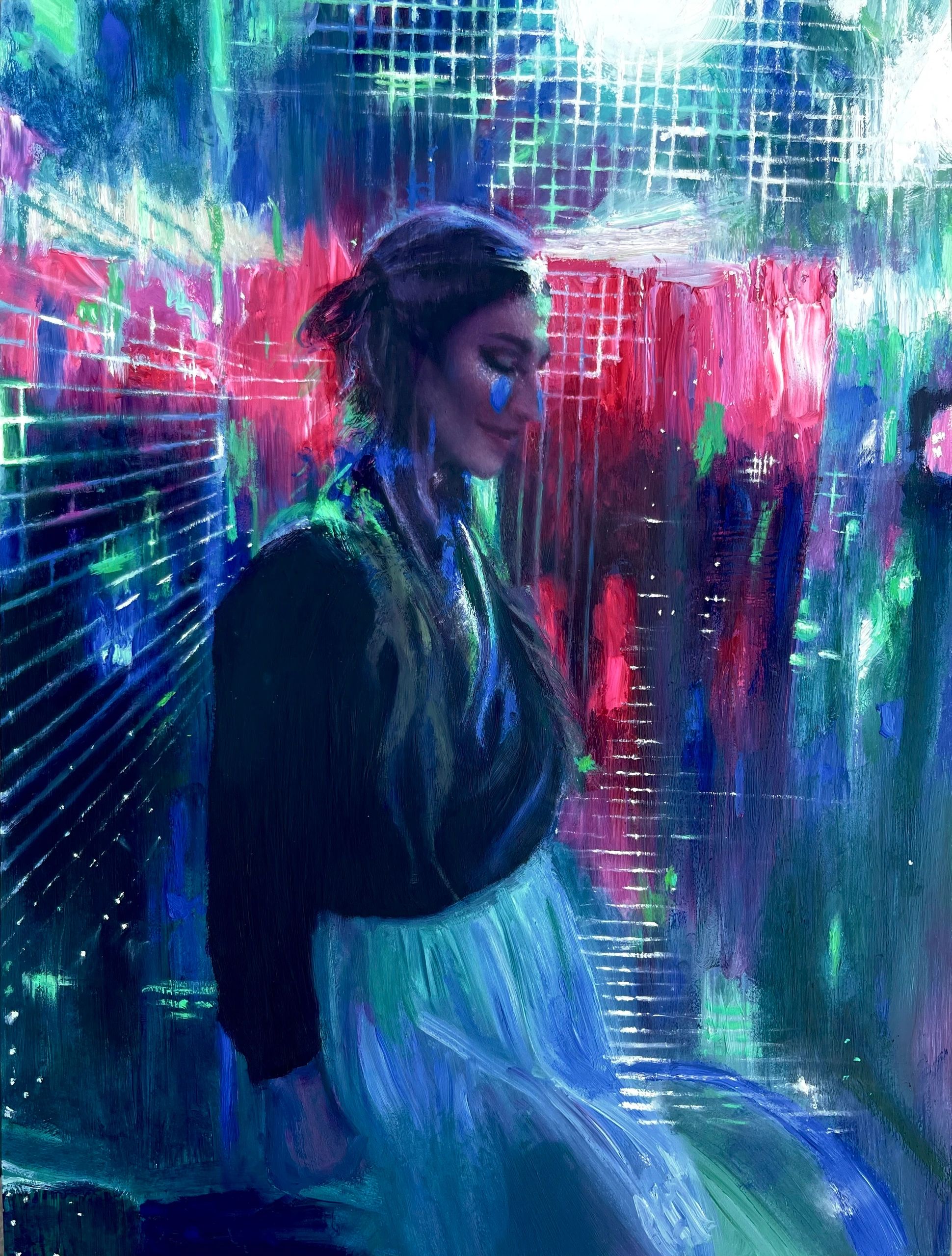 Woman in neon-lit, abstract environment.