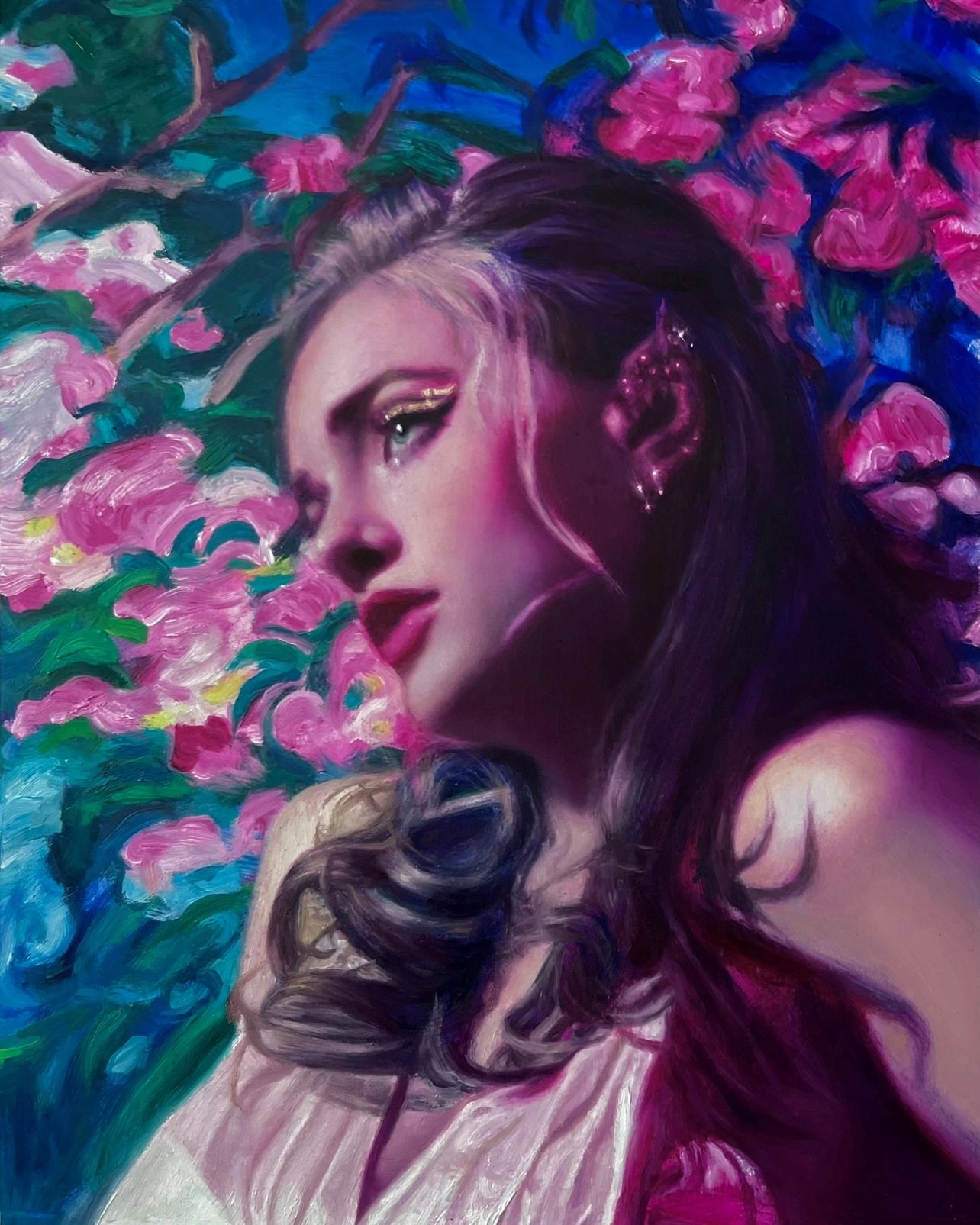 Portrait of a woman with floral background.