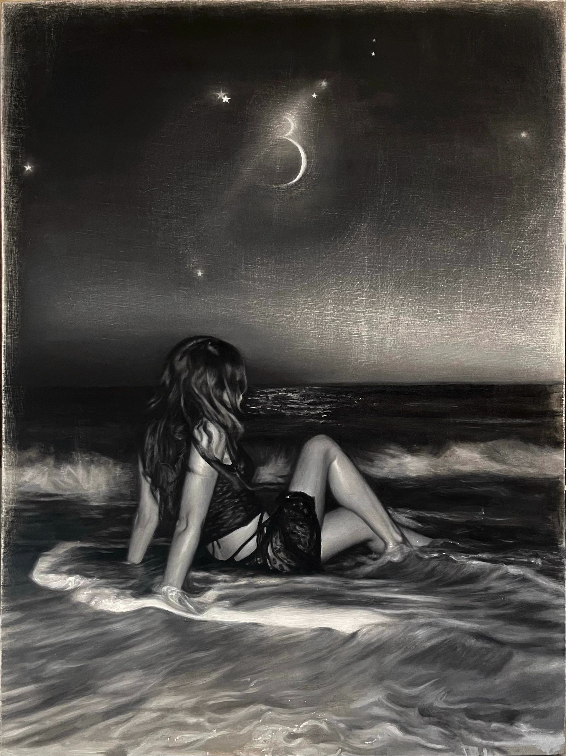 Woman sitting on shore, gazing at moon and stars.