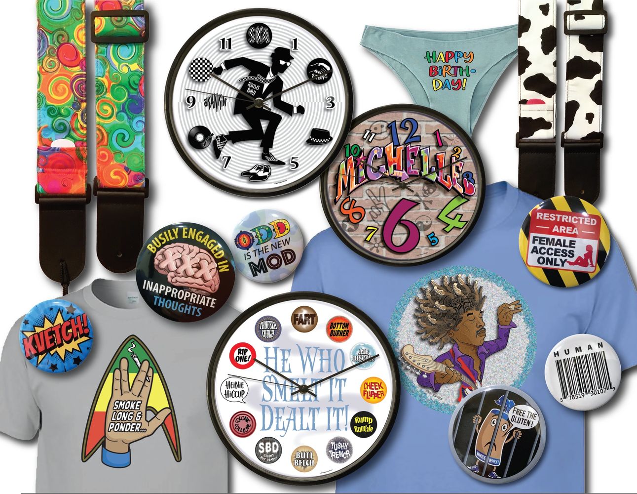 Colorful guitar straps, humorous clocks, and quirky buttons with graphic tees.