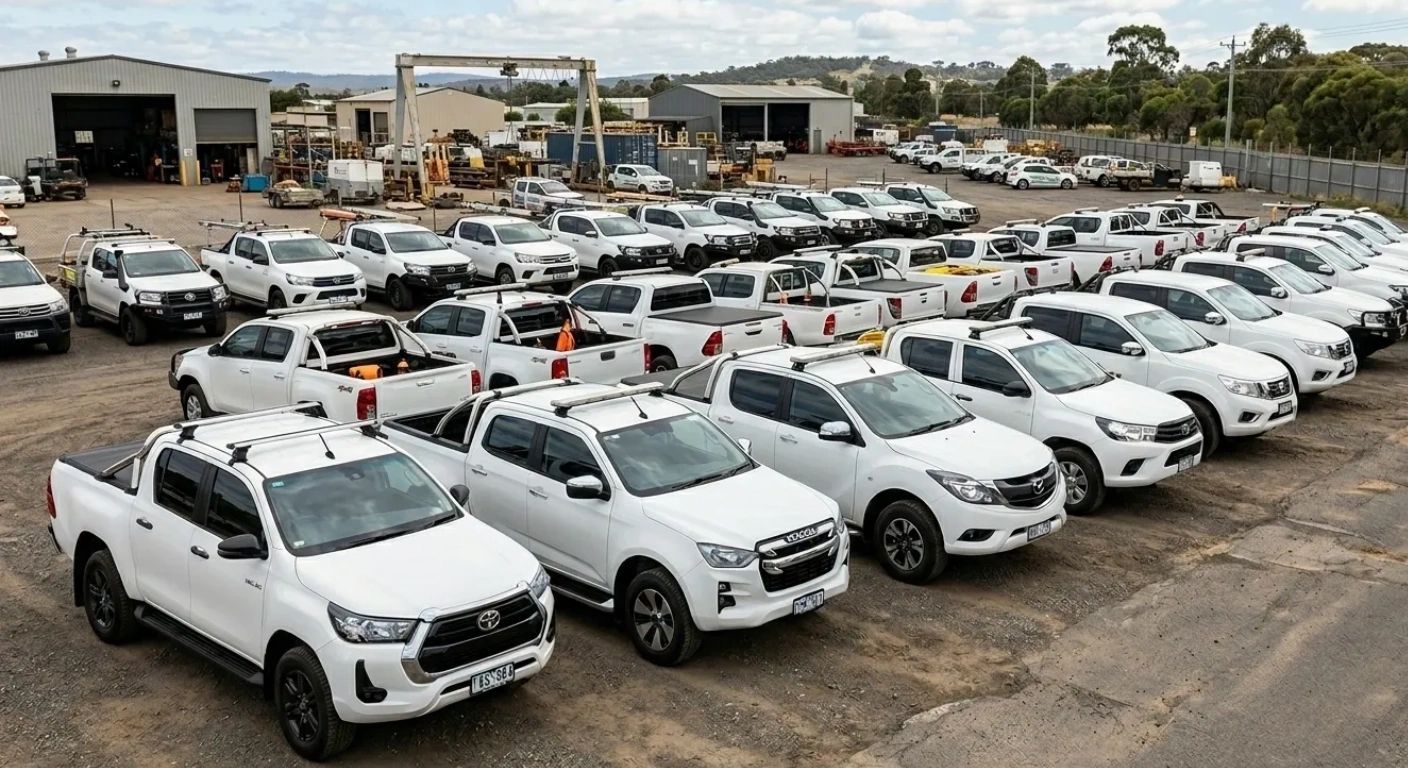 A large fleet of white pickup trucks parked in an industrial yard.