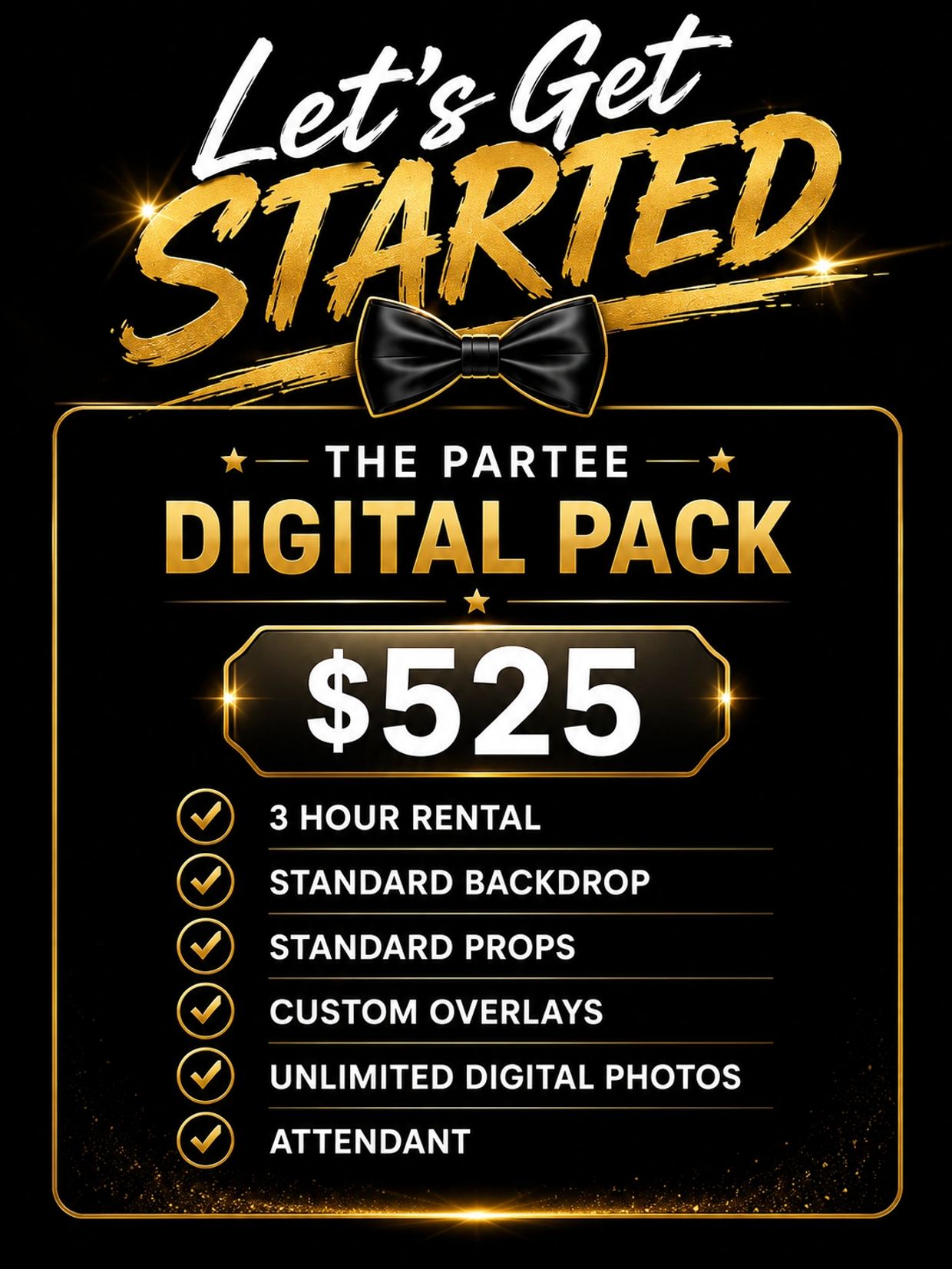 Digital party pack rental for $525 with various features.