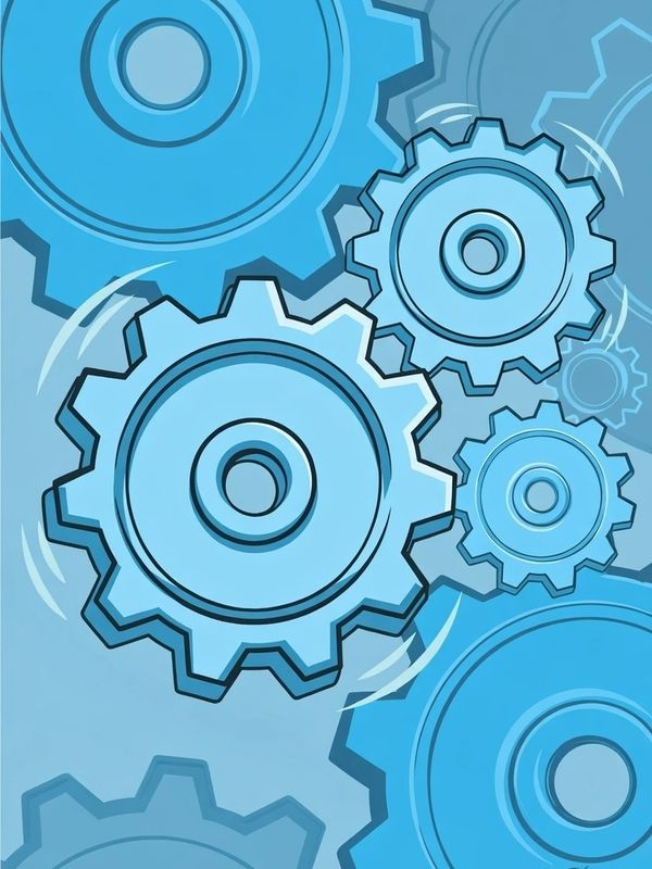 Illustration of blue gears interlocking and rotating together.