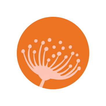 Stylized pink flower with dots on an orange circular background.