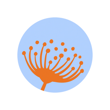 Orange stylized flower with dots on blue circular background.
