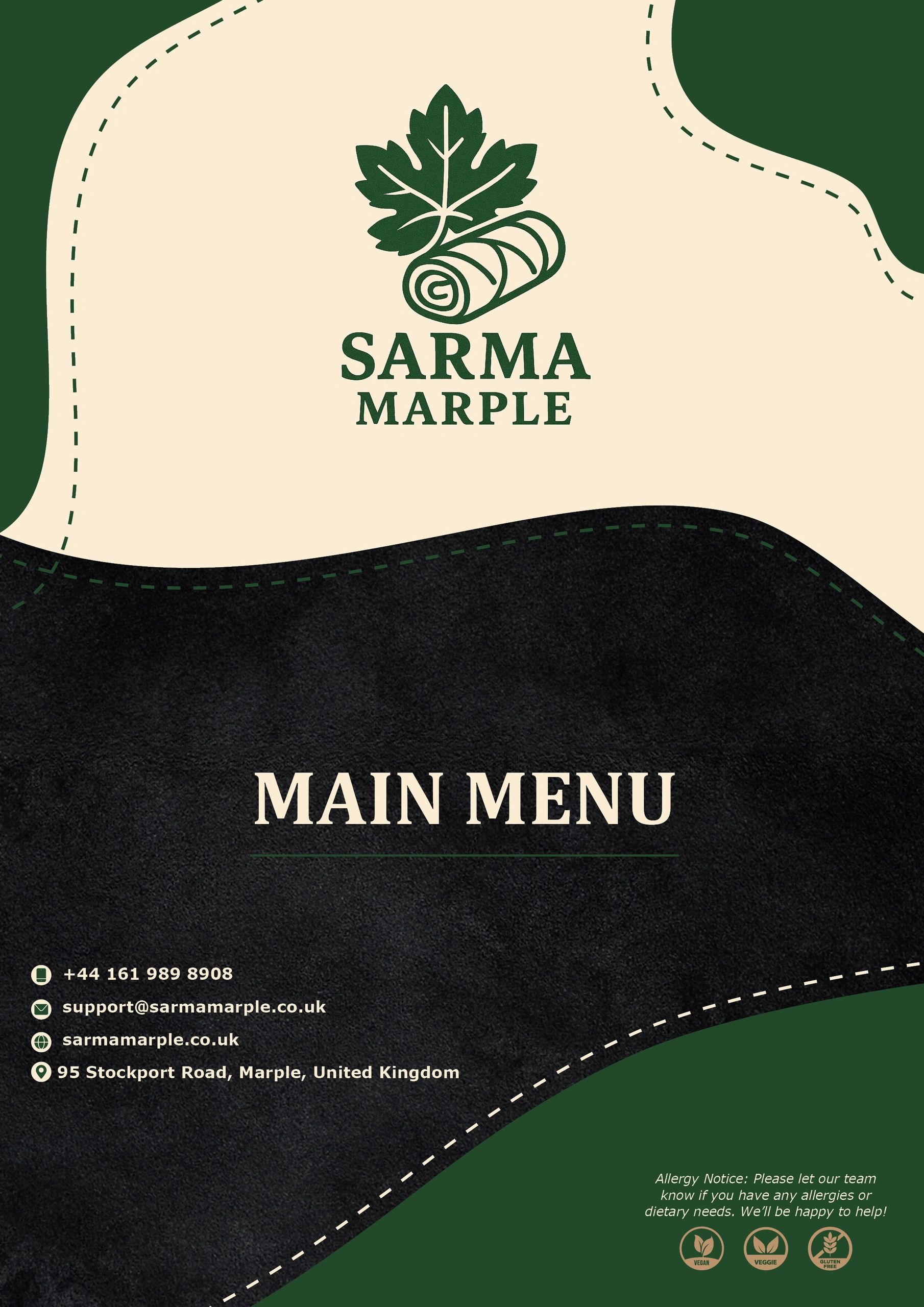 Sarma Marple main menu cover with contact details and allergy notice.