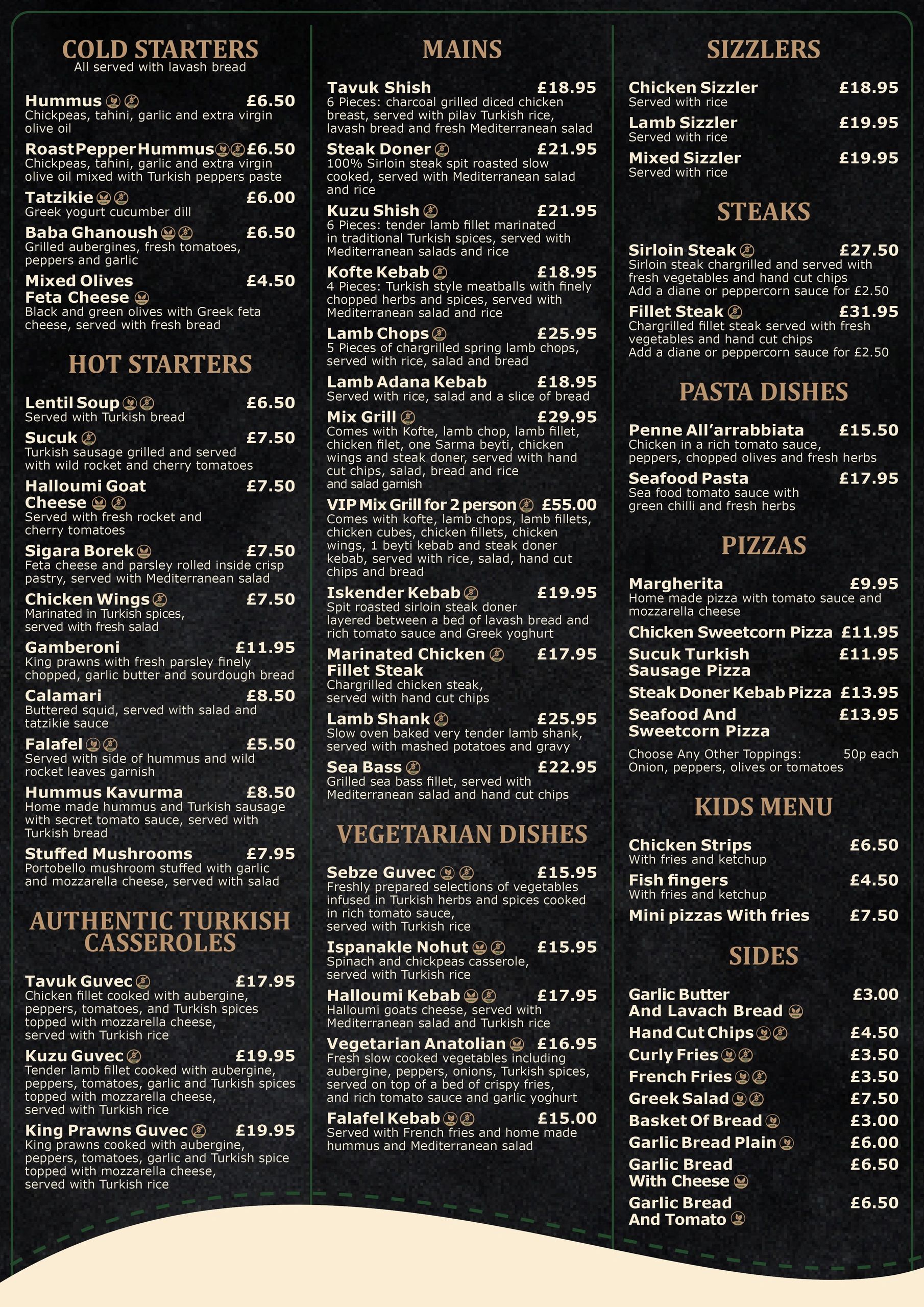 Detailed Turkish restaurant menu with starters, mains, vegetarian dishes, sizzlers, steaks, pasta, pizzas, kids menu, and sides.
