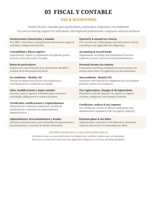 Servicios fiscales y contables para particulares, autónomos, empresas y no residentes.