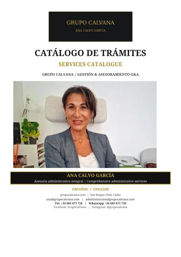 Portada del catálogo de trámites de Grupo Calvana con foto de Ana Calvo García.