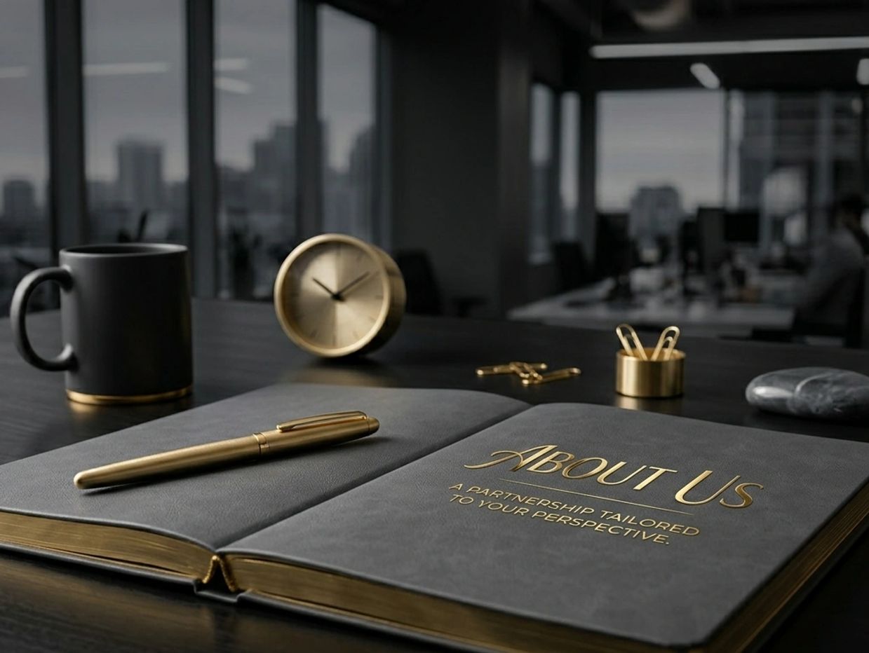 Luxurious office setup with gold accents and an 'About Us' book.