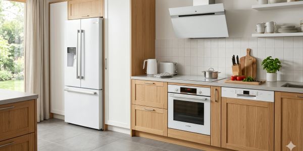 Modern kitchen with wooden cabinetry and white appliances.