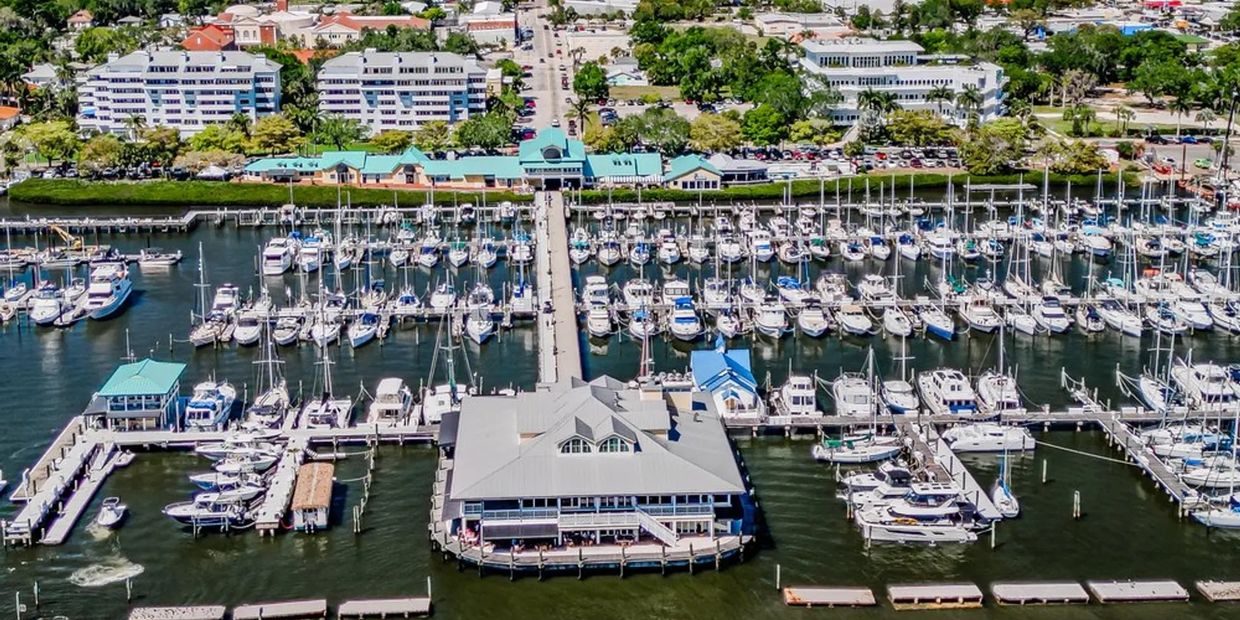 Aerial view of a marina with numerous boats and waterfront buildings.