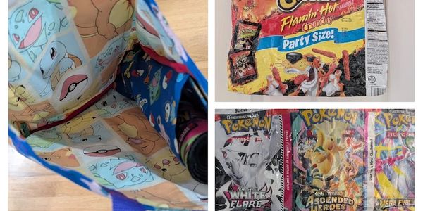 A Pokémon-themed bag and snack packaging with trading card packs.