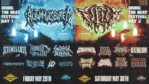Festival poster showcasing two days of metal bands with distinct logos and dates.