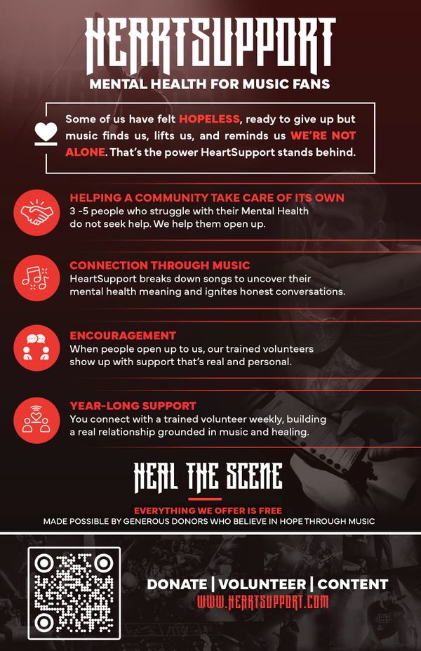 HeartSupport offers free mental health support for music fans through community, music connection, encouragement, and year-long volunteer relationships.