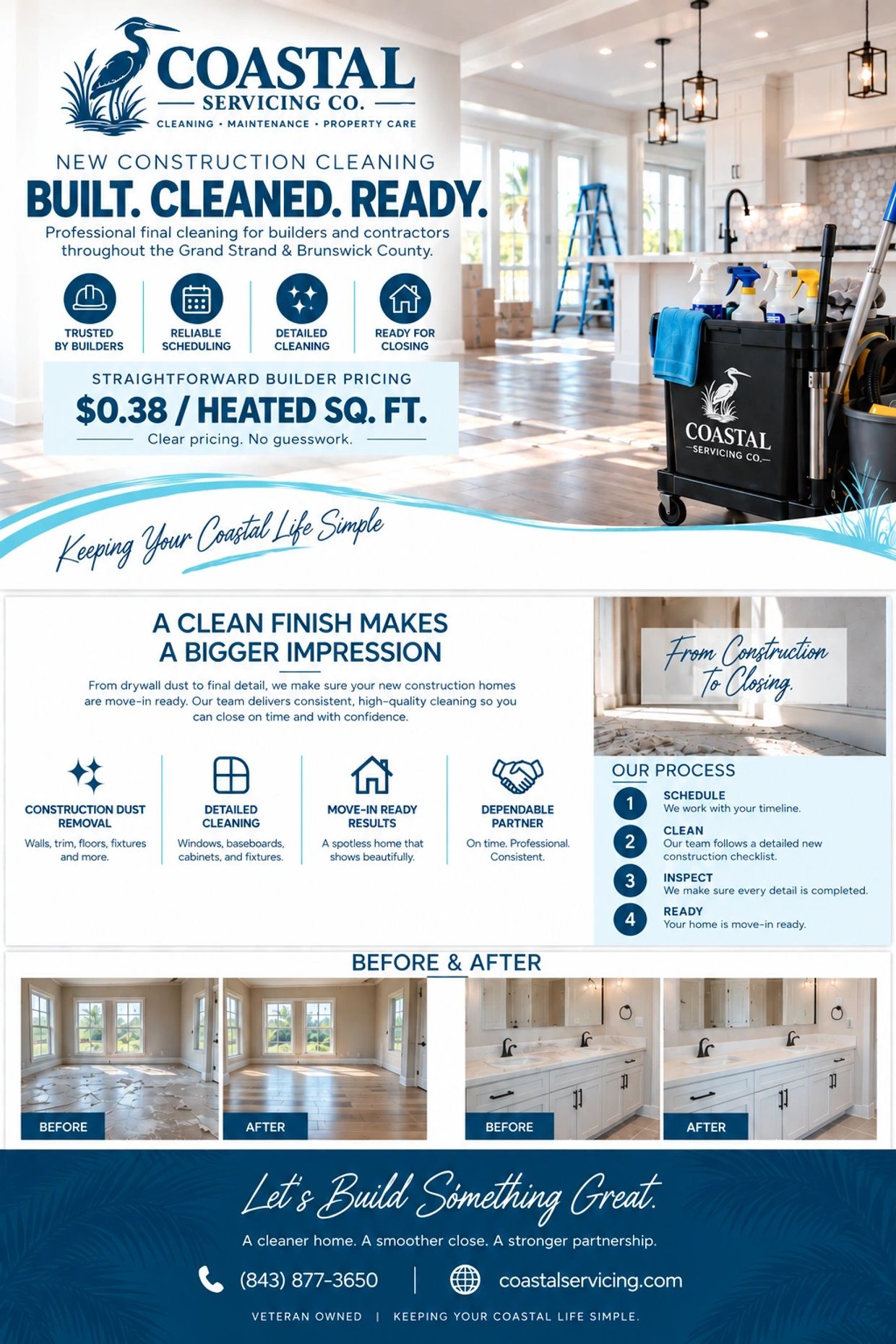 Coastal Servicing Co. offers new construction cleaning with builder pricing and detailed process.