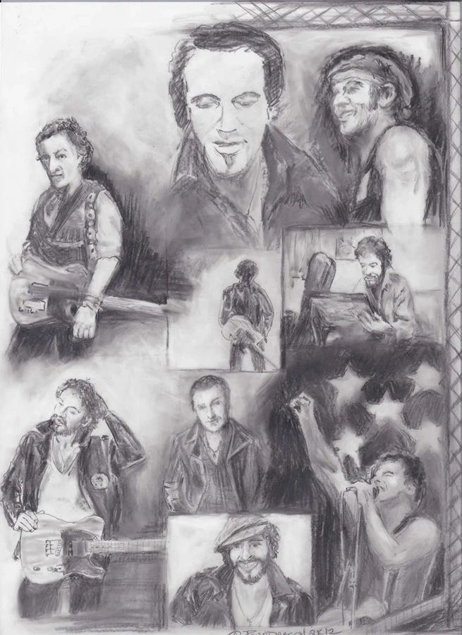 Charcoal sketches of Bruce Springsteen in various poses with guitars and singing.