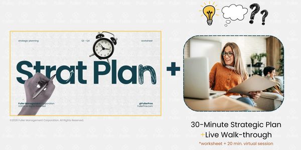Strategic planning worksheet and live 30-minute plan walkthrough session, image of woman at desk