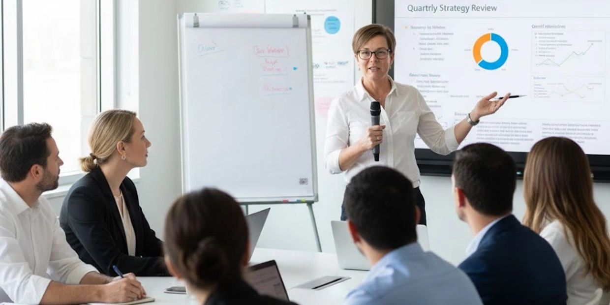 Woman presenting quarterly strategy review to colleagues.