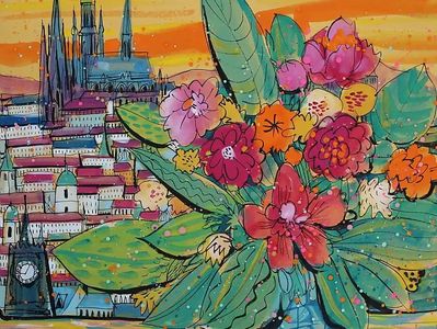 Colorful floral bouquet with a cityscape and cathedral spires at sunset.