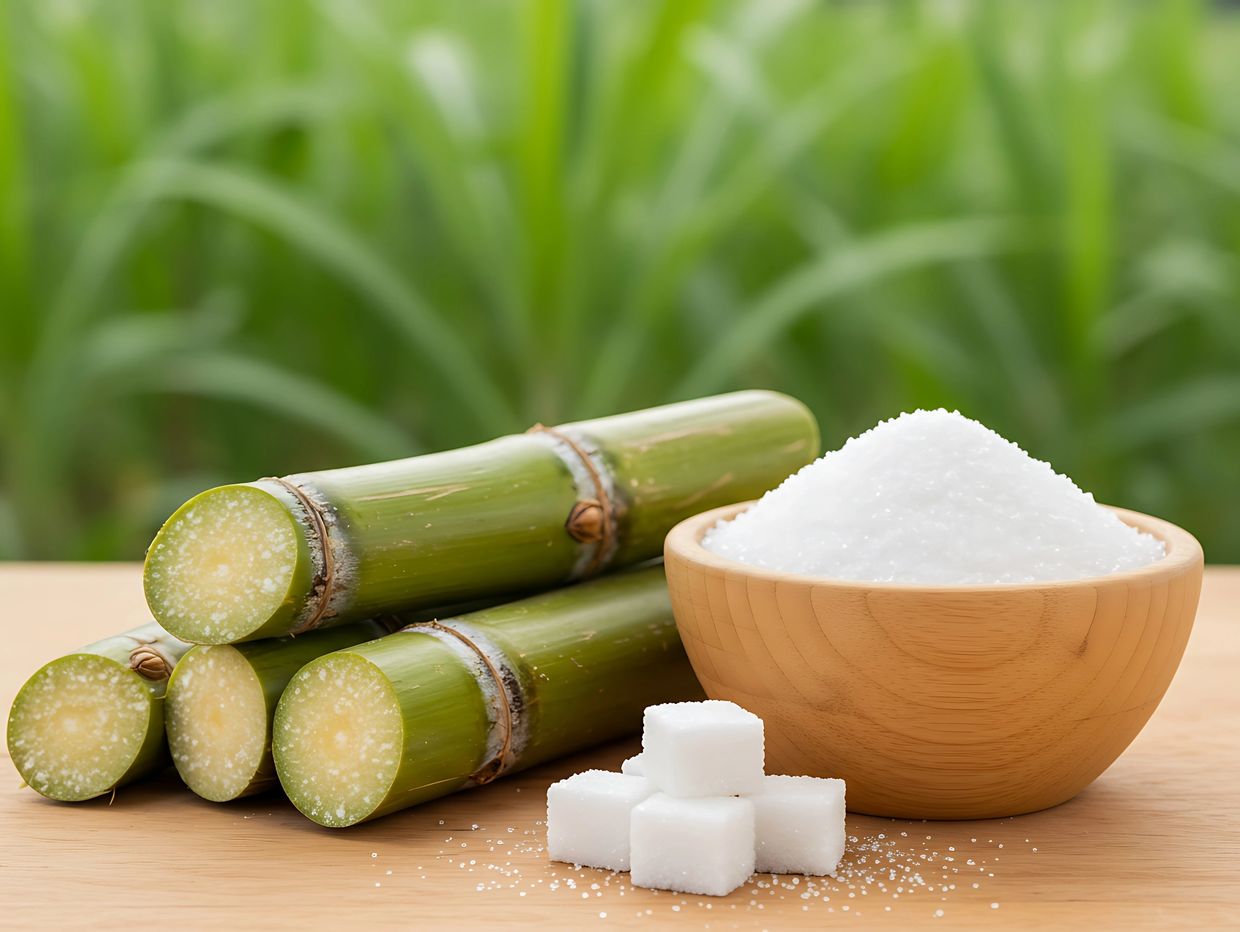 Sugarcane stalks with sugar cubes and granulated sugar in a wooden bowl.