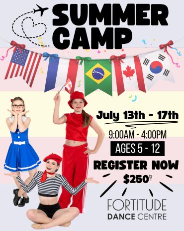 Children enjoying summer camp with international flags and dance activities.