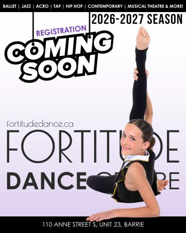 Young dancer promotes 2026-2027 Fortitude Dance registration.