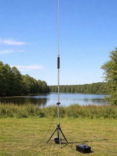 A tall antenna set up on a tripod by a lake on a sunny day.