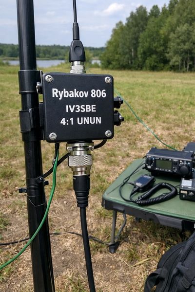 A Ryabkov 806 4:1 UNUN antenna tuner setup outdoors.