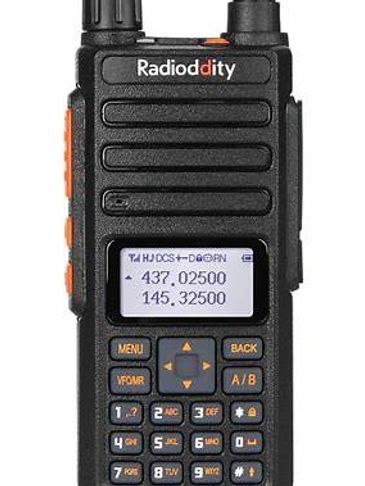 Handheld Radioddity walkie-talkie with keypad and display screen.