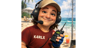 Cartoon character at the beach with radio gear and headset.