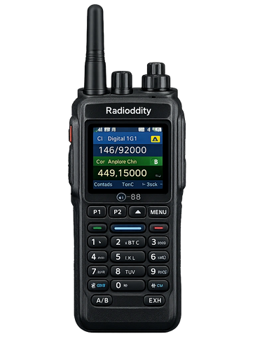 Handheld Radioddity radio transceiver with color display and keypad.