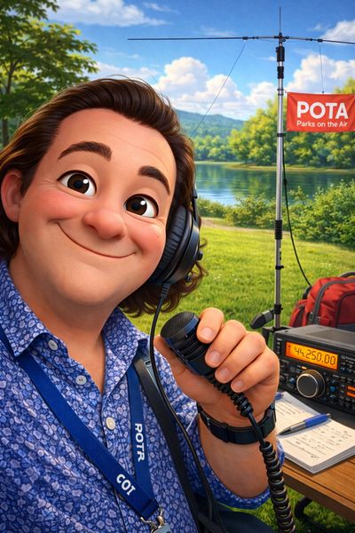 A cheerful person using a radio transceiver outdoors by a lake with POTA sign.