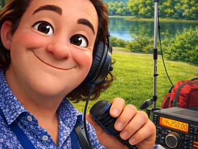 Animated man smiling with radio equipment outdoors near a lake.