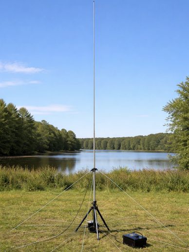 A tall antenna setup on a grassy field near a lake under a clear blue sky.